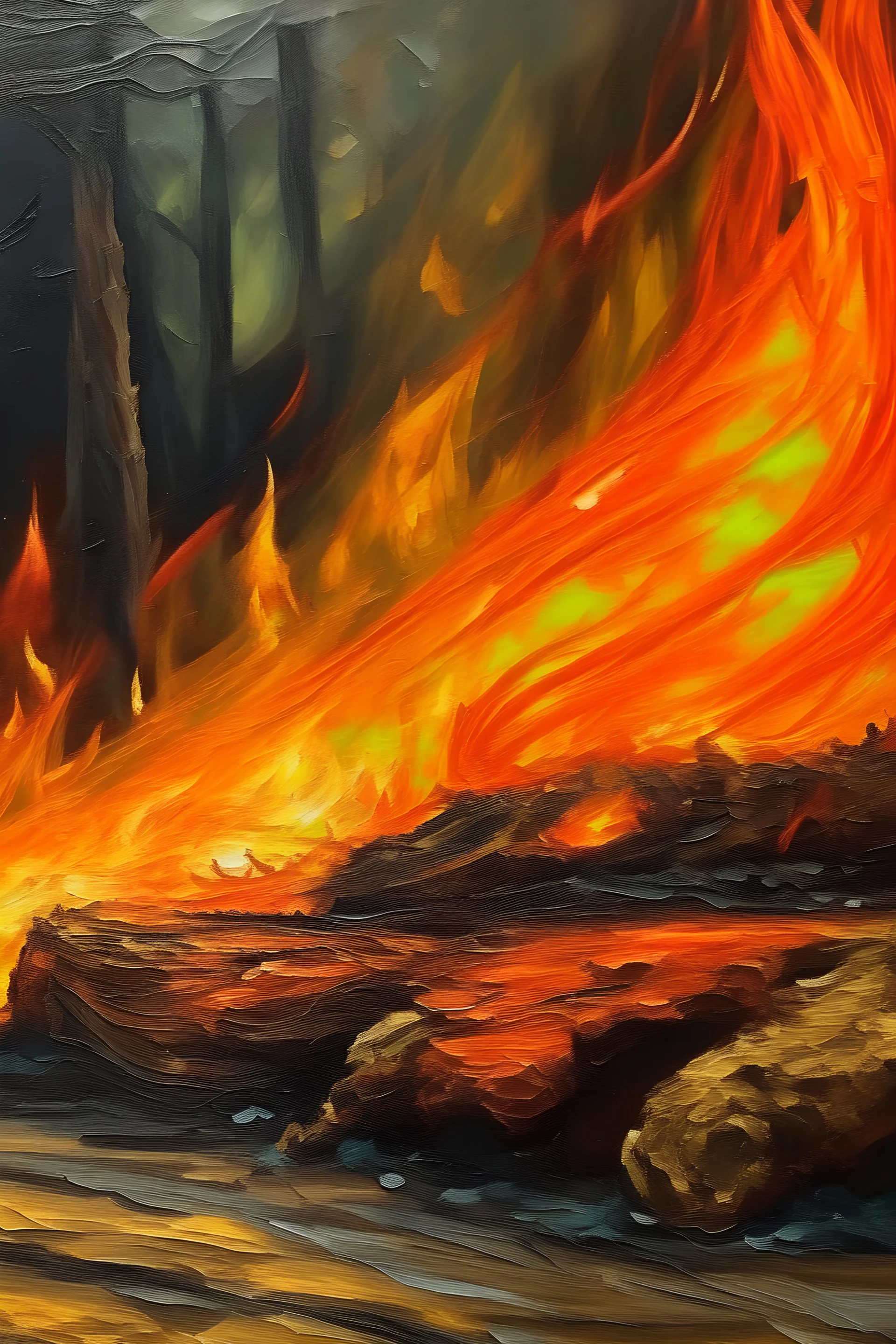 oil or acrylic painting focusing on fire and the materials like ash and shtuu