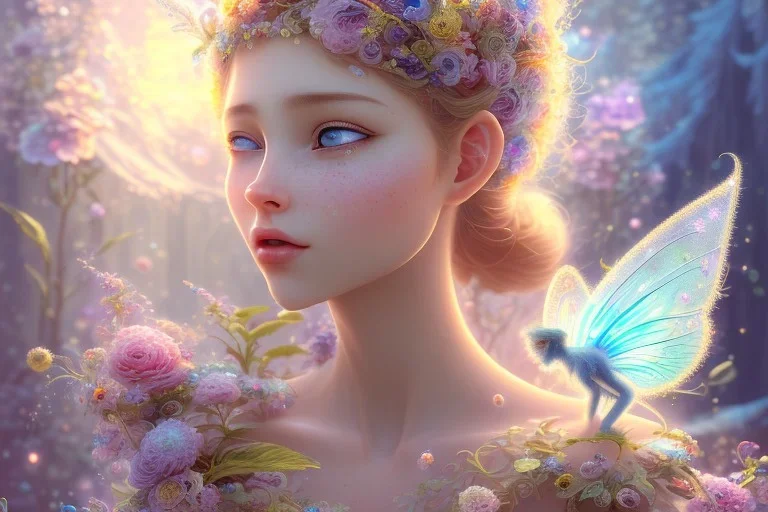 one very little beautiful fairy on a big crystal subtle flower in a galactic ambiance, transparent petals, delicate colors, in the foreground, full of details, smooth, bright sunshine，soft light atmosphere, light effect，vaporwave colorful, concept art, smooth, extremely sharp detail, finely tuned detail, ultra high definition, 8 k, unreal engine 5, ultra sharp focus