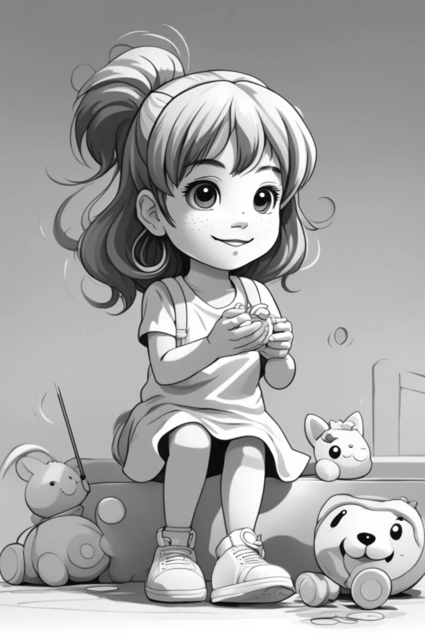 A round-faced little girl happily holding a bunch of colorful balloons. Circles can be used to depict the balloons, her eyes, and the sun in the background. very happy , Colloring page for todlliers ; basic hawali style cartoon , black and white , ink outlines , , smooth , anime style , minimalist , cute eyes , full body , white shose , sketchbook , realistic sketch , free lines , on paper , character sheet , clean line art high detailed