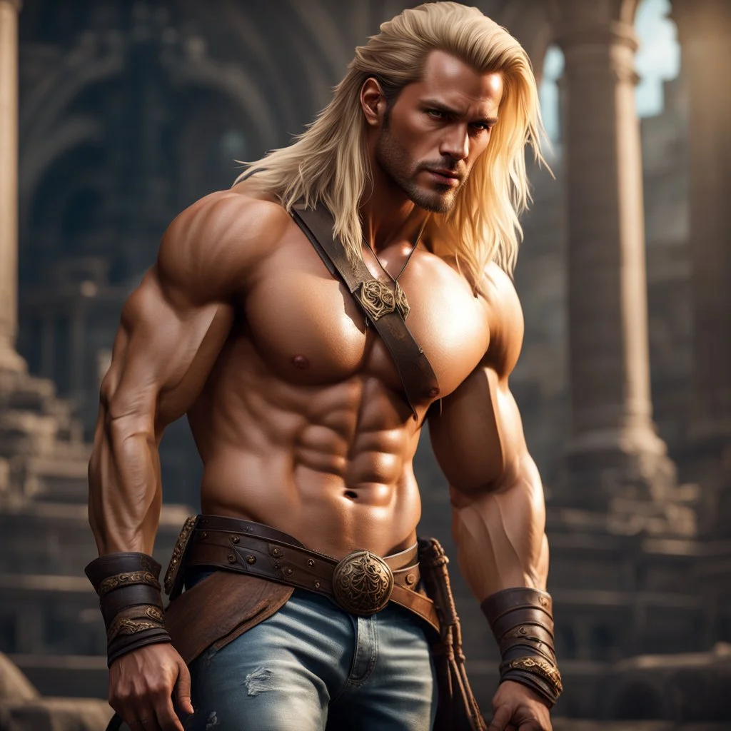 handsome warrior king, muscular, long blonde hair, male age 30, wearing jeans and a white shirt, tan skin, tattoos,photorealistic 4k modern fantasy