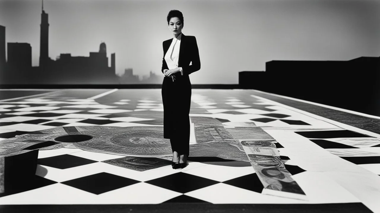 [iconic photo by Helmut Newton] geofinance: a dollar bank note, a Renminbi bank note, a euro bank note on a chessboard