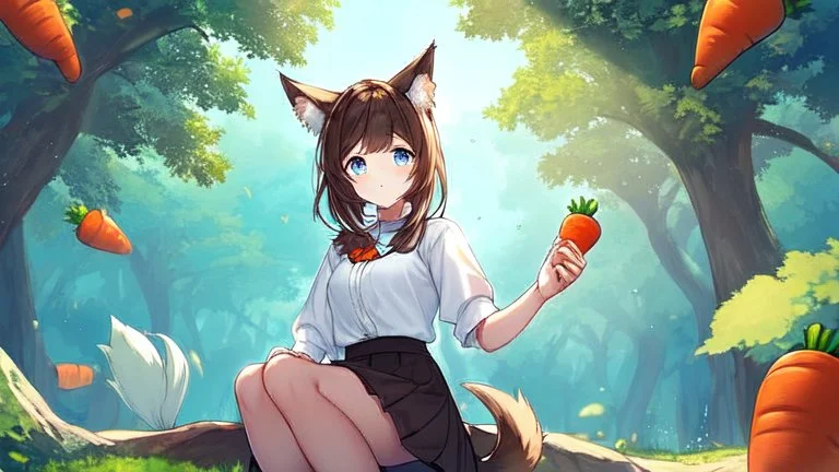 1girl, sitting, animal ear, tree, carrot on hand , long bunny ears, brown bunny tail, short blue skirt, long brown hair, white shirt, blu eyes