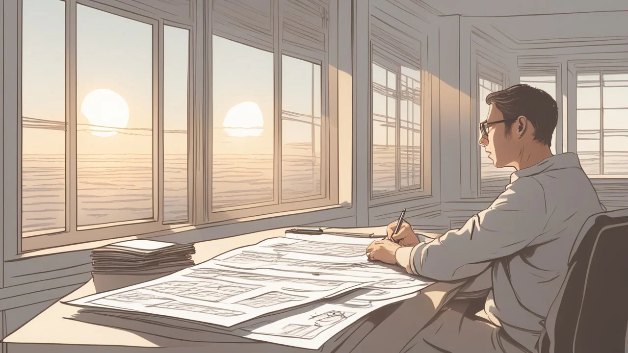 The image depicts an individual seated at their desk, meticulously crafting an organized daily schedule on a large sheet of paper in front of them. The image showcases attention to detail, as the person uses a pen to delineate different times and tasks on the schedule. The sun is seen rising behind a window, signifying the beginning of a new day full of possibilities. This image emphasizes the importance of good planning and creating an effective daily schedule to achieve success and enhance pro