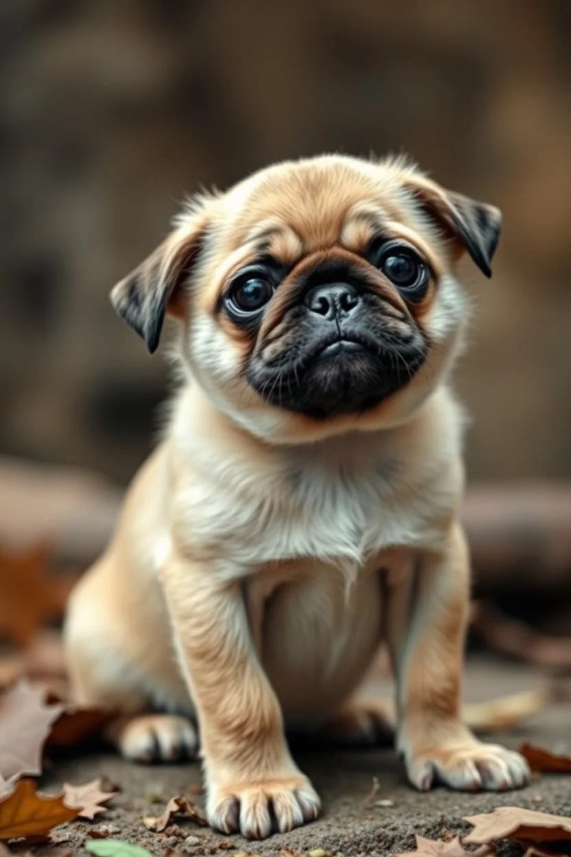 pug puppy, monkey, baby creature thats upstanding, extreme and awkward