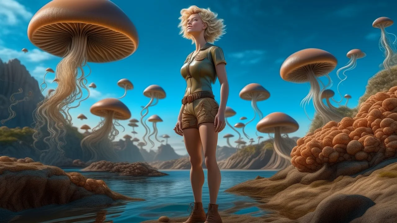 full body shot of a middle-aged, blond-haired woman in brown shorts and brown shirt, standing on a rock, on the shores of an alien world, with mushrooms with jellyfish tentacles floating in the air, photorealistic, Detailed Matte Painting, Deep Colour, Fantastical, Intricate Detail, sunshine, blue sky