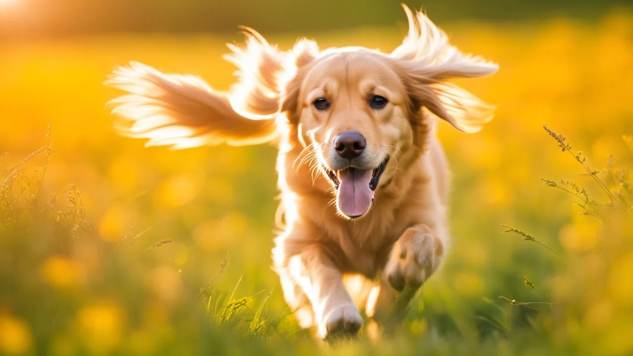 a joyful golden retriever running through a sunlit meadow, vibrant green grass, warm sunlight, dynamic action shot, happy and carefree, nature, energetic, high resolution, wide angle –upbeta