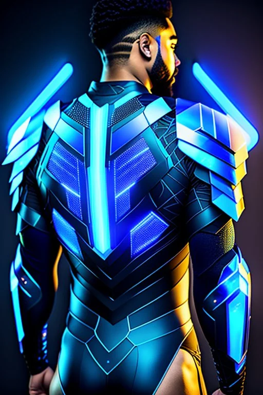 neon blue, floating triangle of light orbiting behind the back, cyber armor, geometric patterns on armor, male, orbiting triangle