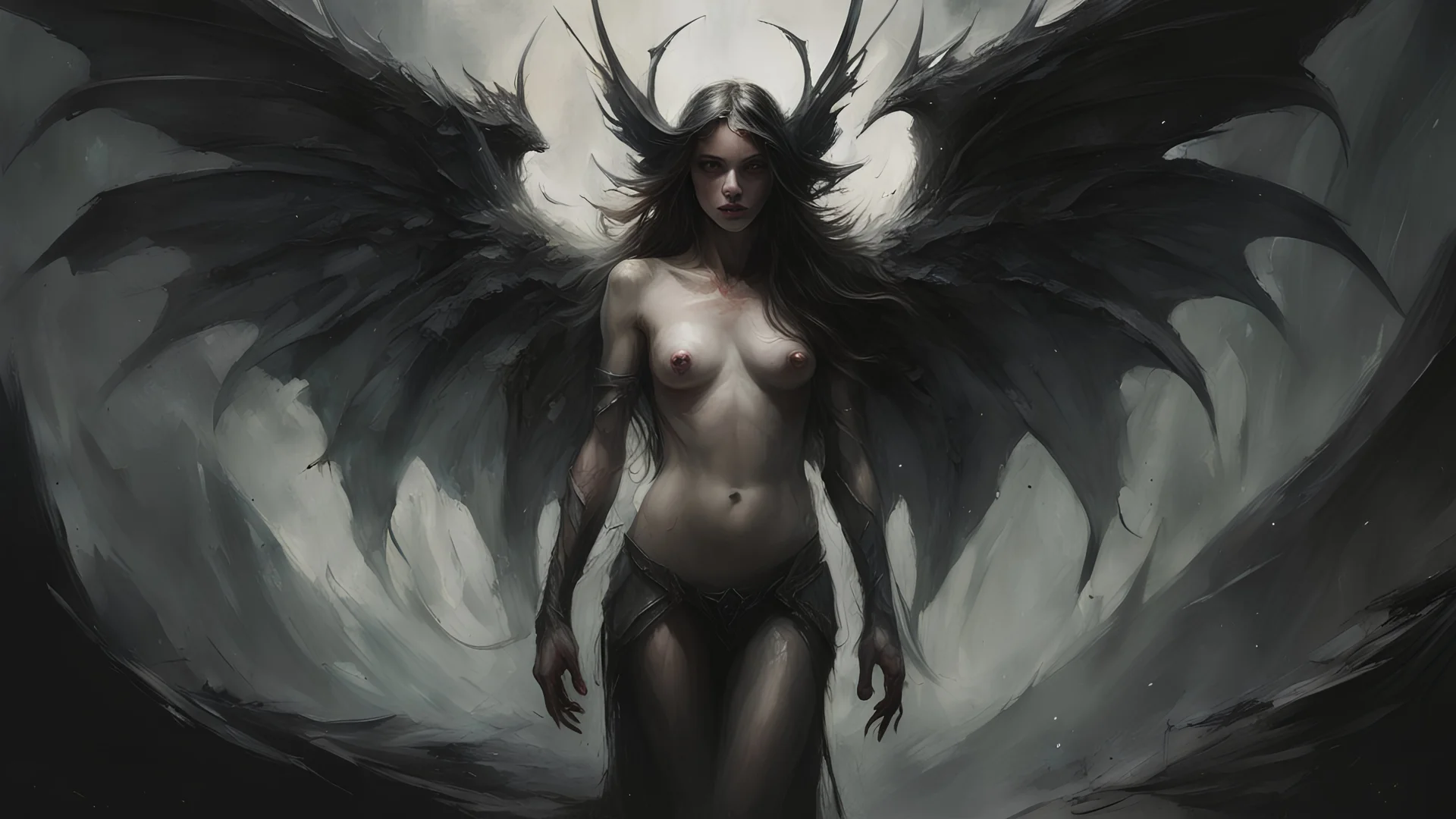 Demonic Elves with Wings,, Full Body Shot, Hyperrealistic, Photorealistic, Instant Details, darkness, by Raymond Swanland & Alyssa Monks & Anna Razumovskaya