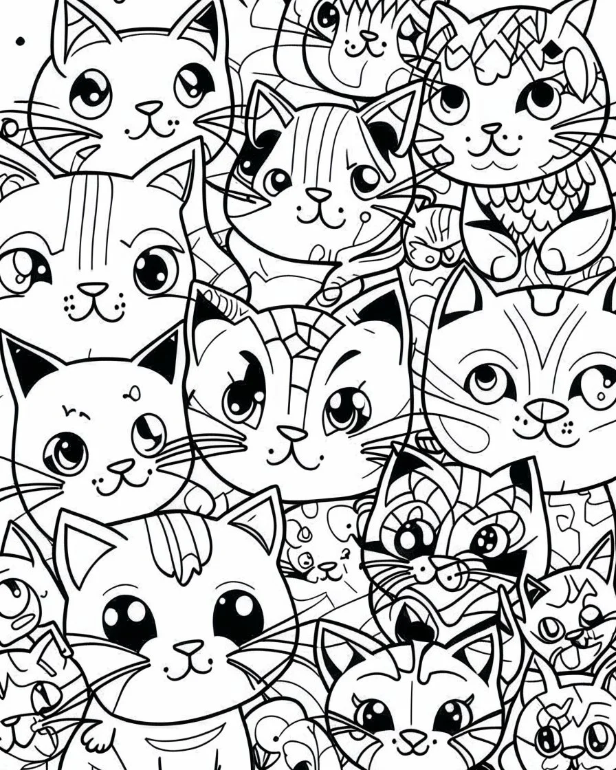 create a 2d black outline, "kawaii anime cats", coloring page, low details design, black contour, coloring page design, coloring page for adults,kawaii cute background, black contour and white space beetween contour, same contour,sketch style, style, minimalist, simple