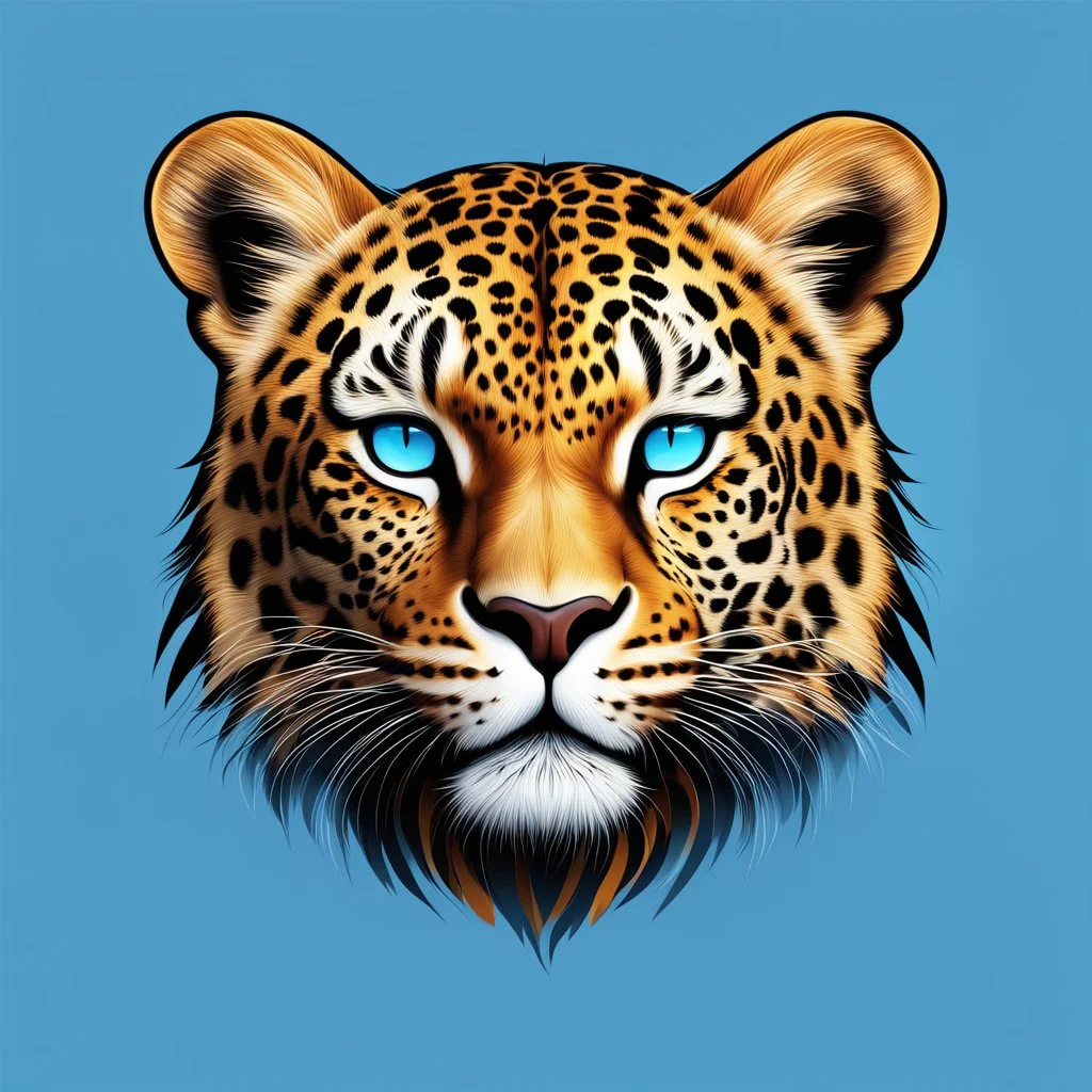 Logo vectorial de Leoparman, vista frontal, calidad ultra, hiperdetallado, 8k, 3d, colores complementarios, cielo azul