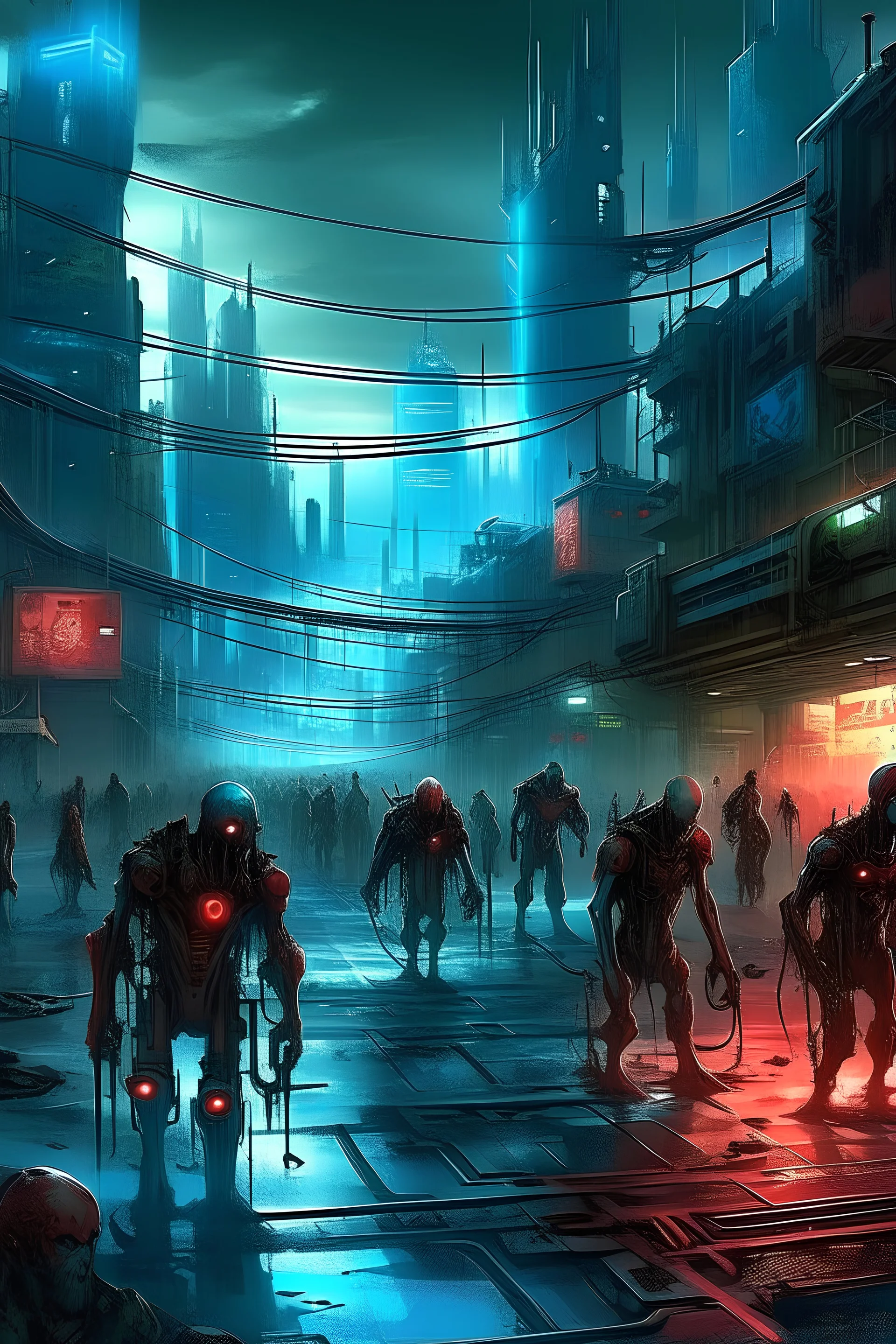 Cyberpunk city, horde of biomechanical zombies