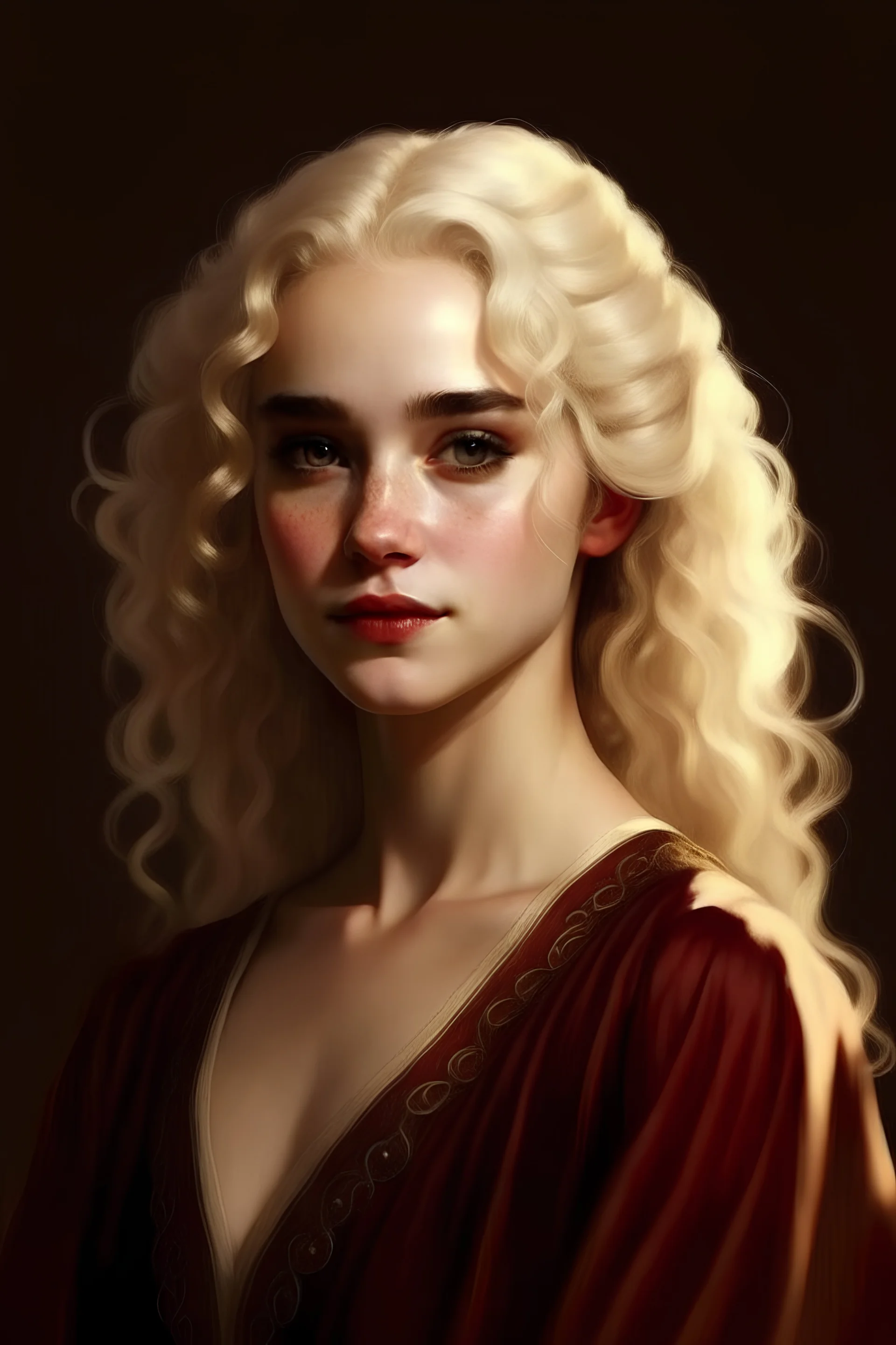 Maegelle Targaryen, aged 21, epitomizes Targaryen allure with her cropped golden curls and sapphire eyes. Despite her royal lineage, her demeanor exudes youthful innocence and curiosity. her porcelain skin and high cheekbones.