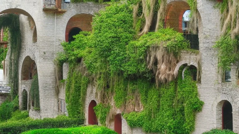 Gigantic mushroom village with balconies, archways, stairs, bridges, bushes, spanish moss, ivy, lake, a winding pathway through the middle