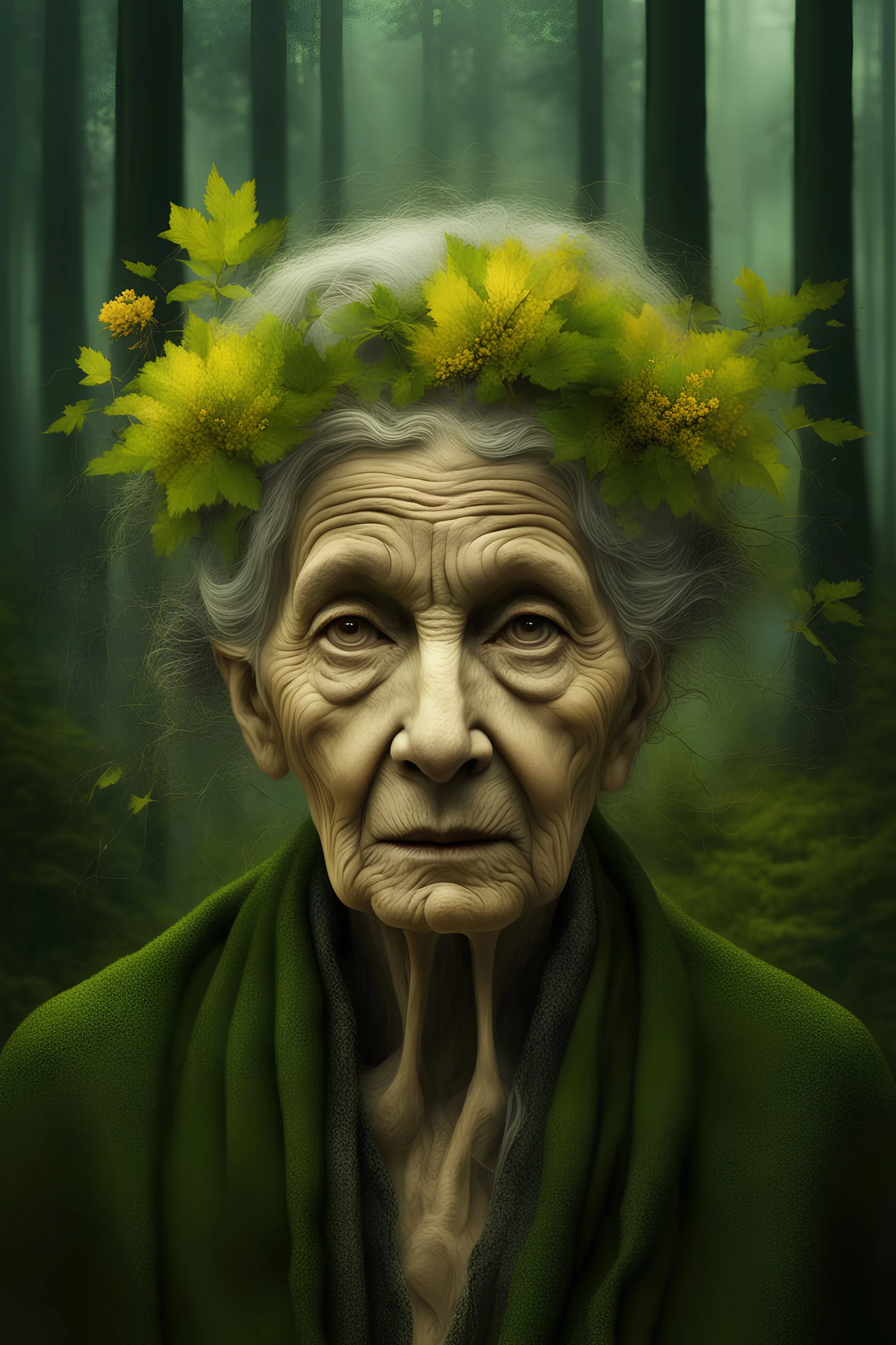 planet earth as an old woman. front facing. the face has the texture of roots. leaves, blossoms, cobwebs. very smooth colors, forest green and yellow. bordeaux. fog, mist