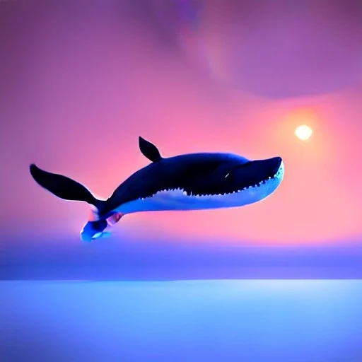 Whale in the sky, high key lighting, volumetric light high details, octane render, redshift render, mbient lighting, sunset