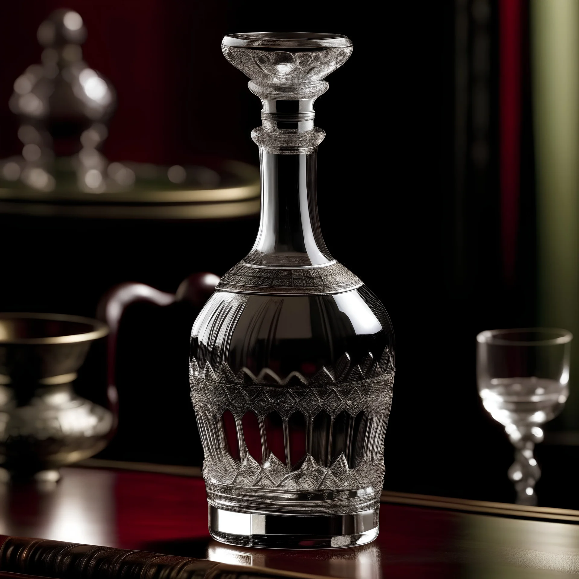 Design an antique-style decanter with a long, slender neck and intricate crystal patterns. The decanter should be filled with a bright red liquid, evoking the richness of fine wine. Capture the elegance and luxury of a bygone era in the artwork.