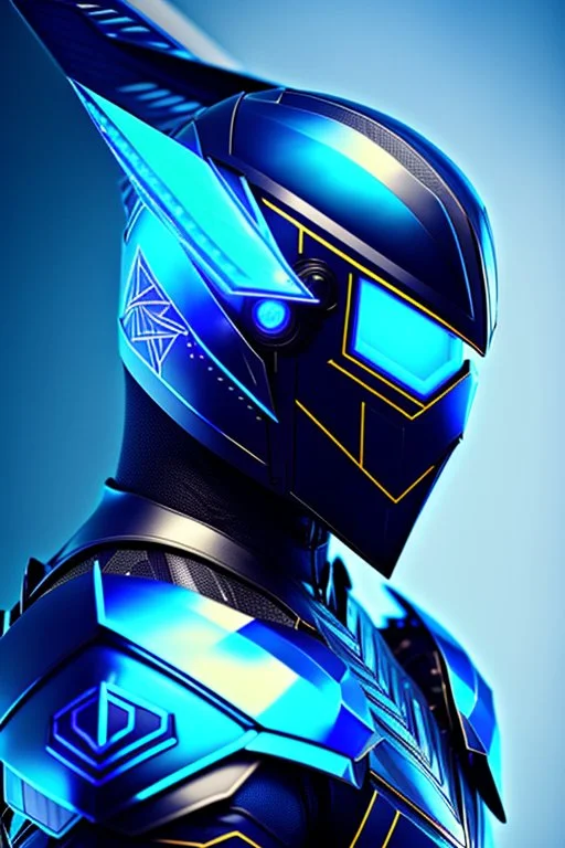 neon blue, flying parts of armor in form of triangles, cyber armor, geometric patterns on armor, male, orbiting triangle