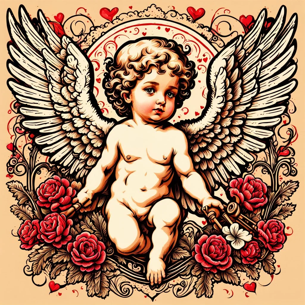 Lovesick cherub looking cupid illustration, vintage valentines day colors, overexaggerated, detailed drawing, flash art style, Victorian inspired