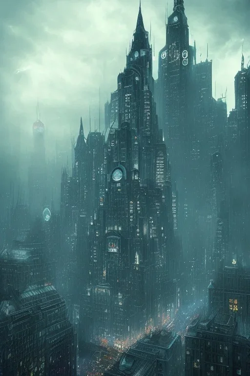 Gotham city, nostalgic, cold, dark blue, gloomy, heavy fog