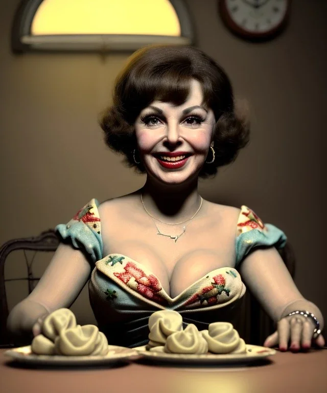 Ultra realistic photographic portrait, happy young Gina Lollobrigida woman sitting with arms resting on Italian kitchen table, pretty tortellini dish, retro dress by 1960, classic style decoration, cold, soft color, highly detailed, unreal engine 5, ray tracing, RTX, lumen lighting, ultra detail, volumetric lighting, high definition.