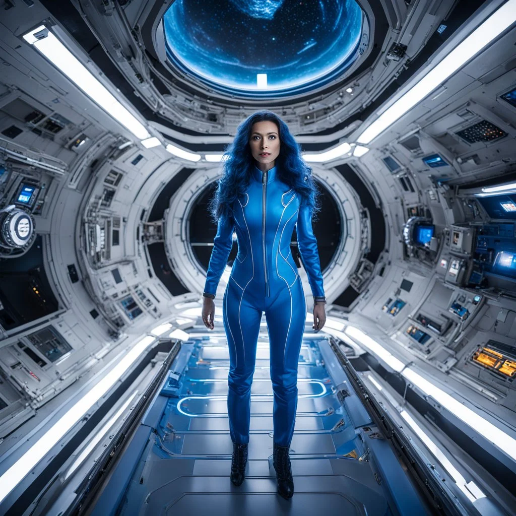 wide-angle photo of a tall thin woman in an electric blue suit, with long glowing blue wavy hair, on a space station with views into space