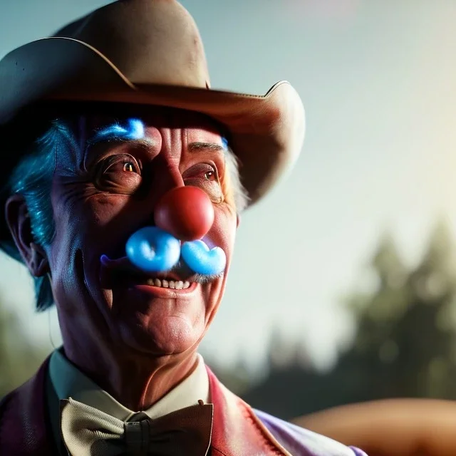 Ultra realistic western scene. clown sweet man, waist up view, Wes Anderson style, happy, highly detailed, concept art, unreal engine 5, god rays, ray tracing, RTX, lumen lighting, ultra detail, volumetric lighting, 3d, finely drawn, high definition, high resolution.