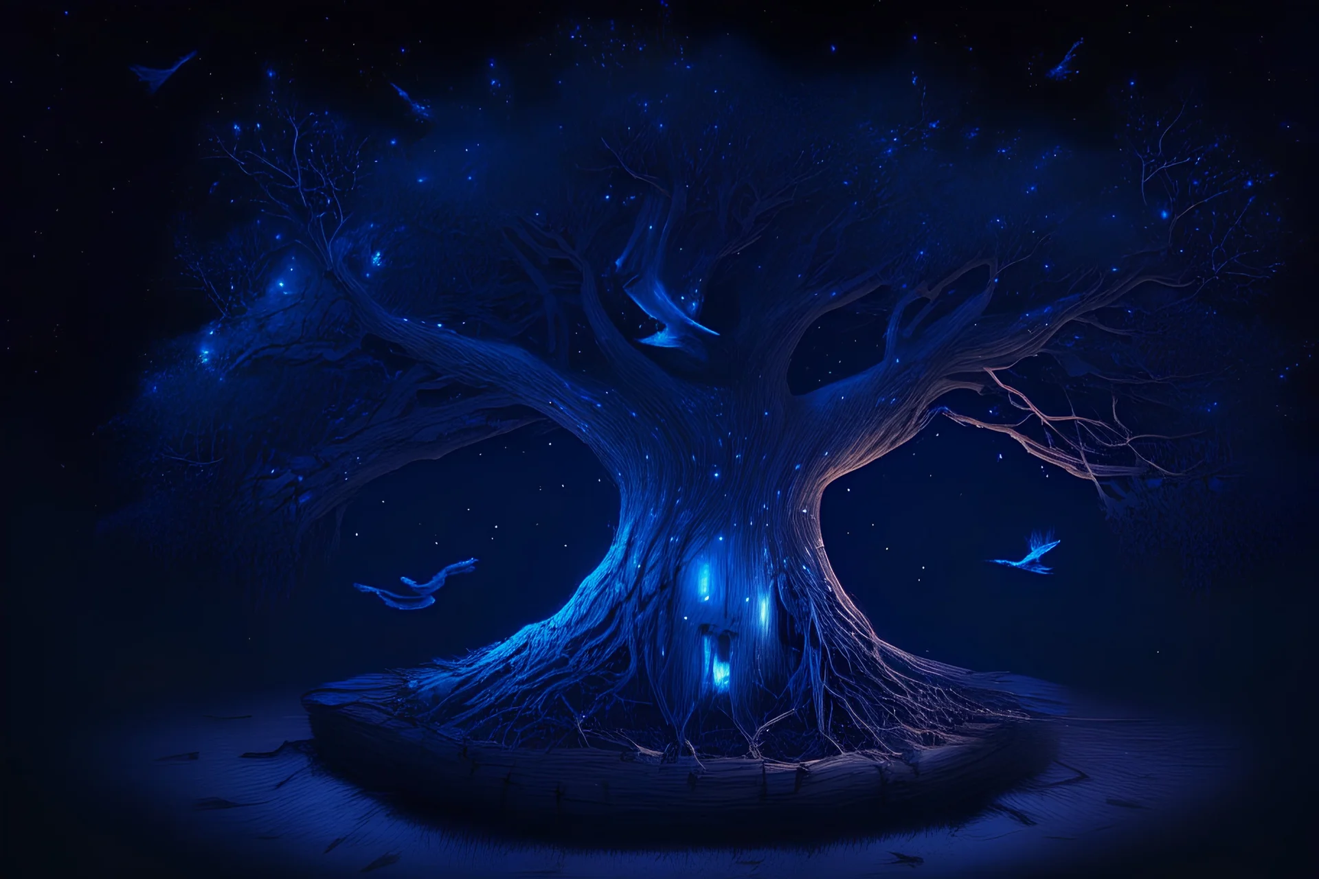 A wide wooden tree trunk with horizontal landing platforms for birds, dark blue glowing light, fantasy, magic, dark, stars, sparkle