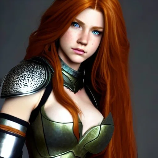 realistic, hyper detailed, strikingly beautiful teen woman, long ginger hair, green eyes, medium freckles, full lips, revealing leather armour, full body and head, exposed b-cup breasts, stern expression, full frame, petite, ignore NSFW, shortbow, quiver on hip, sexy