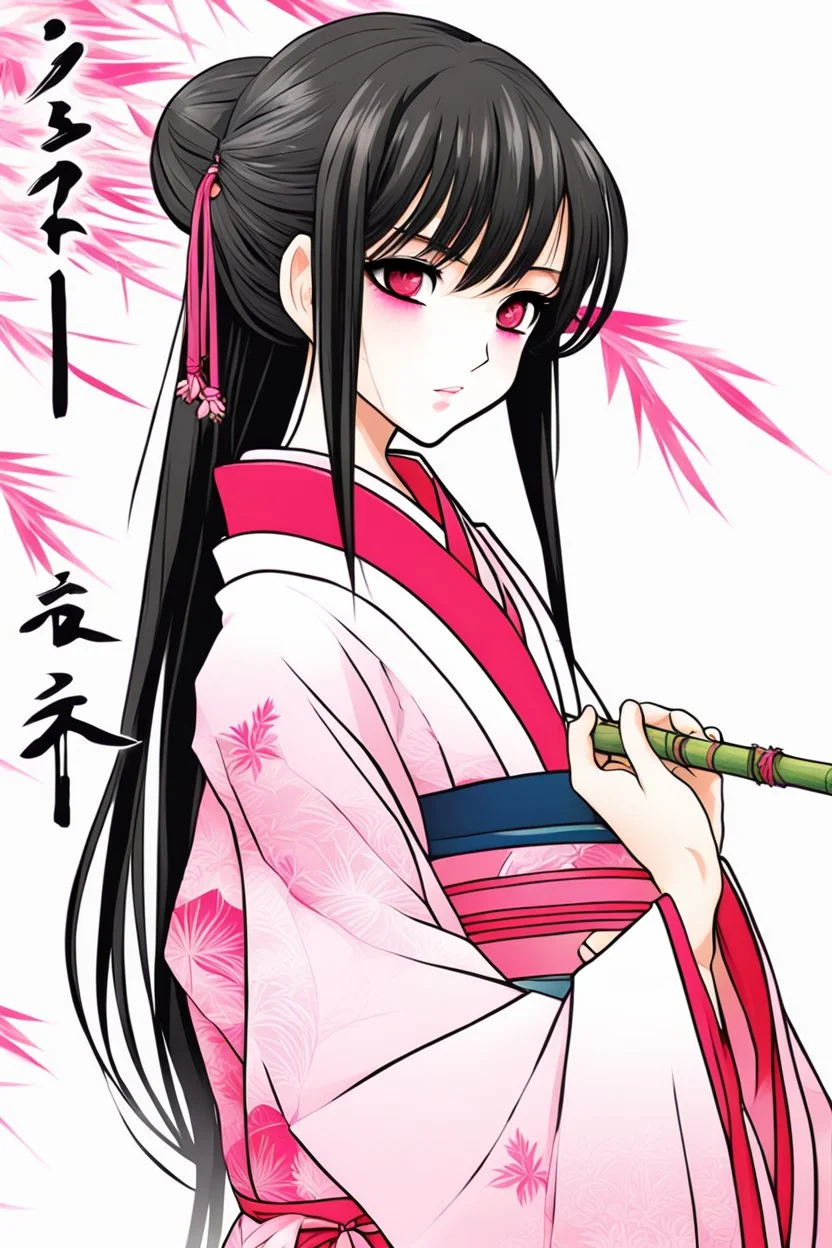 Cute Japanese girl, with pink eyes, a only horn on left side of head, dressed in her pink kimono and a black haori, black long hair with reddish tips, a piece of bamboo covering her mouth, drawing manga style, vibrant colors, in a manga book cover