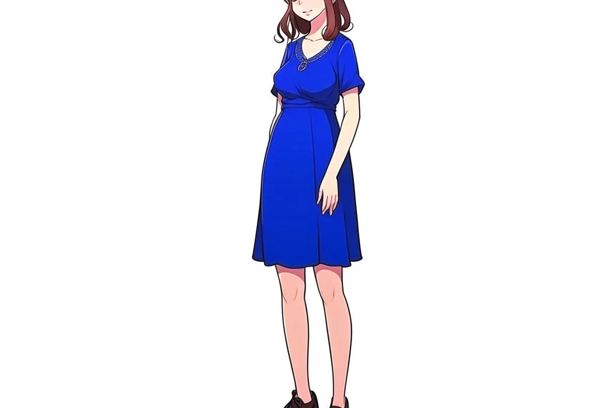 full body of a brown haired anime manga pregnant girl in dark blue dress with eyeglasses