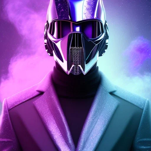 portrait of purple masked villain in galaxy, futuristic, teal and purple smoke, full portrait, hyper realistic, 4k, detailed