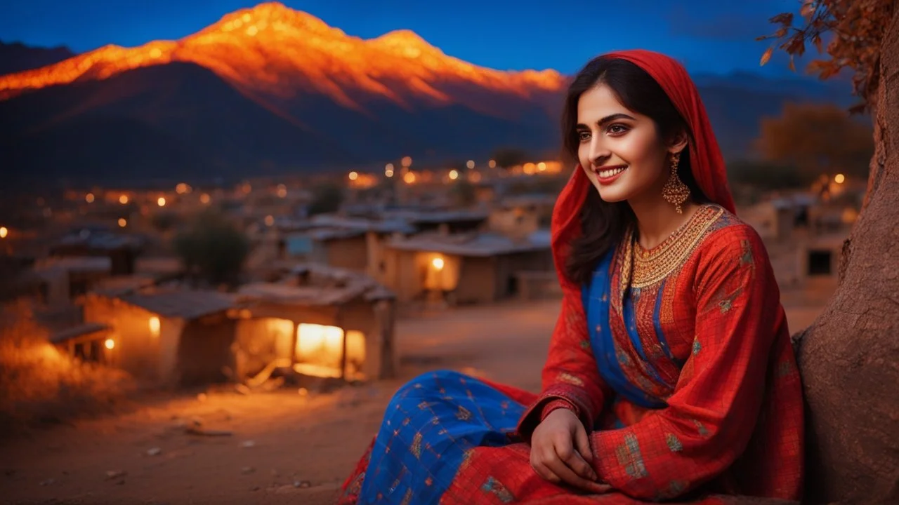 The image should depict a serene evening scene of a traditional Pakistani village at beautiful dark autumn night, featuring a (closeup face view of a) young happy woman adorned in a vibrant red and blue checkered dress with golden embroidery, surrounded by rustic houses, thick trees with she is sitting by the tree on orange dry leaves falling and breathtaking mountain landscapes along with lots of dry orange leaves fallen on the ground, bathed in soft golden light and dramatic hues of orange, pi