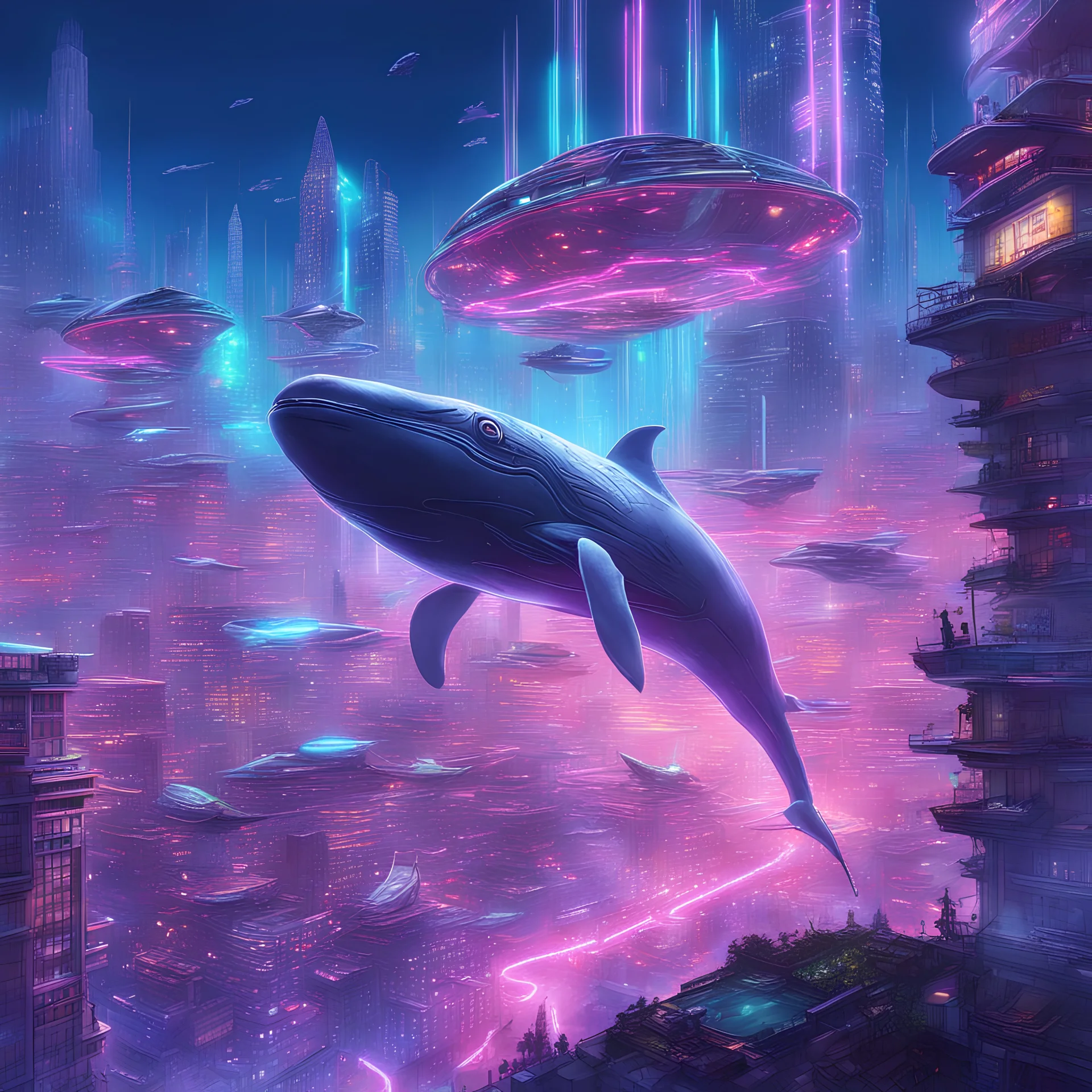 futuristic cityscape where flying whales soar through the neon-lit sky, with holographic advertisements and floating gardens adding to the sci-fi atmosphere