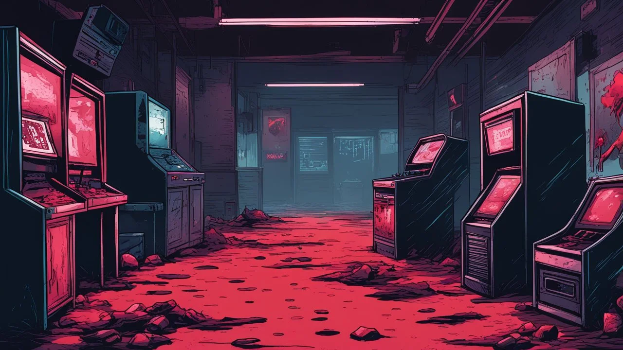 Comic style, desolate dark arcade, blood on the floor, no humans