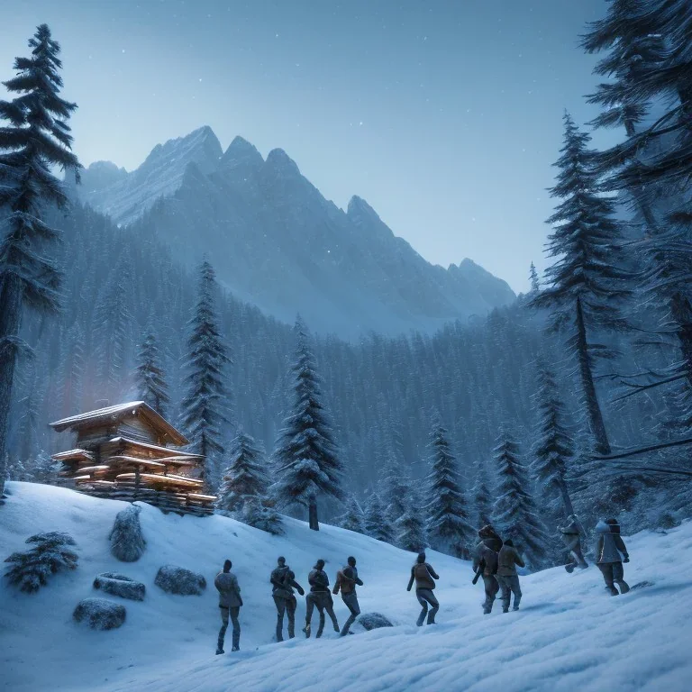 Five people hunting in a snowy forest, sense of fear, mountain hut in the background, Alps, night, 8k, HD, cinematography, photorealistic, Cinematic, Color Grading, Ultra-Wide Angle, Depth of Field, hyper-detailed, beautifully color-coded, insane details, intricate details, beautifully color graded, Cinematic, Color Grading, Editorial Photography, Depth of Field, DOF, Tilt Blur, White Balance, 32k, Super-Resolution, Megapixel, ProPhoto RGB, VR, Halfrear Lighting, Backlight, Natural Lighting