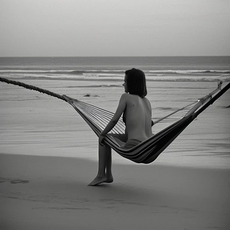 mujer sentada en una hamaca de madera en la playa, fotografía real, fotografía realizada con un cámara Fuji y objetivo de 35mm, fotografía en blanco y negro, tono años 60