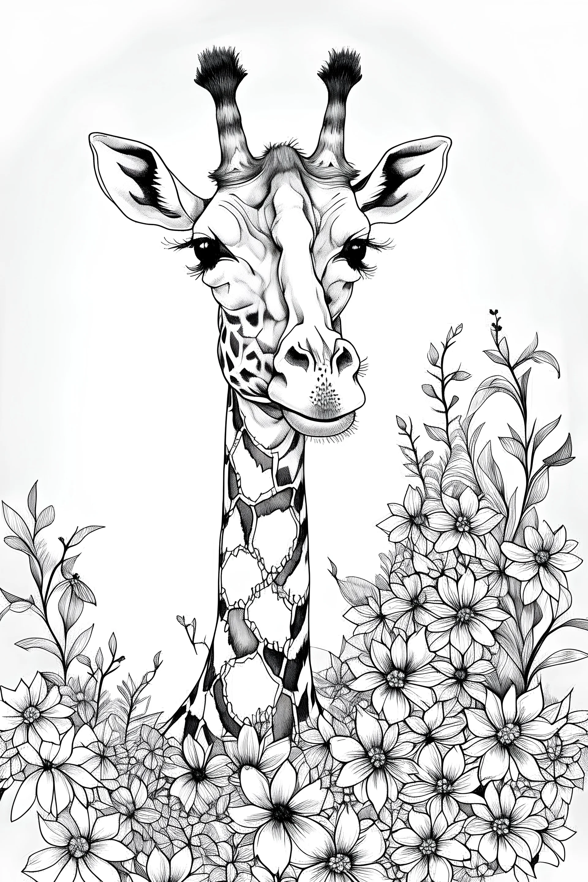 portrait of giraffe and background fill with flowers on white paper with black outline only