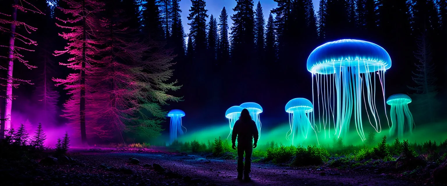 Bigfoot investigating, closeup, giant bio luminous Rainbow floating high JellyFish, light floating in a forest, mist, light trails, nighttime, long exposure, Treeline, Alberta, scientist, Dystopian, Hyper detailed, Realistic, Extreme depth of field, bokeh blur, Alberta all-natural, National Geographic, in the style of candid, imperfection, natural lighting, cinematic, Fuji Film, Anamorphic lens, 2040s, --ar 4:5 --w 150 --style ra