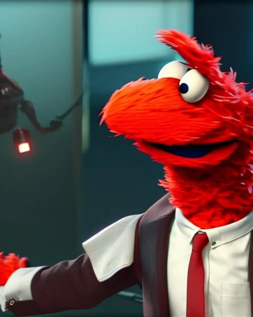 hybrid, Elmo muppet head, real human body, human arms and hands, Shirt and tie, concept art, smooth, unreal engine 5, god lights, ray tracing, RTX, lumen lighting, ultra detail, volumetric lighting, 3d, finely drawn, high definition, 4k.