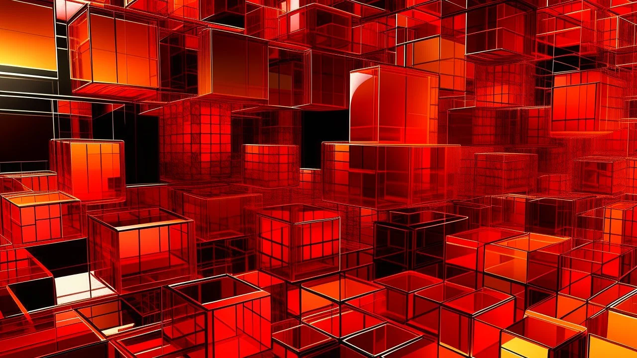 Composición de planos translúcidos en capas superpuestas, volúmenes puros de esferas y cubos en naranjas y rojos intensos. Retícula básica de cuadrícula distorsionada por perspectiva, líneas rectas que forman composiciones lineales de convergencia. Paleta temática de contrastes cálidos sobre neutros oscuros, relación de luz y transparencia, renderizado 3D con materiales de vidrio y resina. volumen seccionado superposición de toros plano centrado línea difractada retícula espacial extendida.