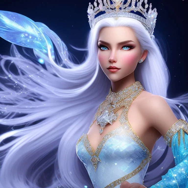 Ice Princess with white hair, a crown with precious stones, bright background