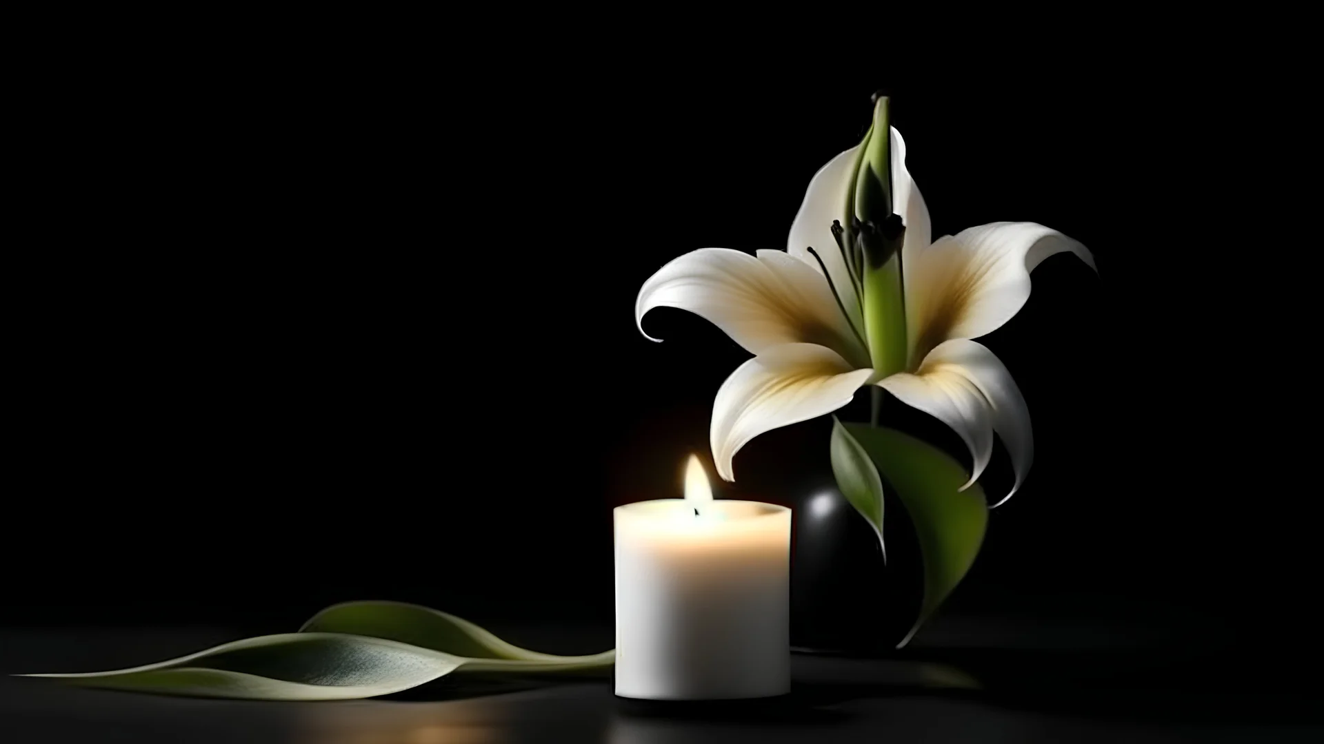 Beautiful lily and burning candle on dark background with space for text. Funeral white flowers.