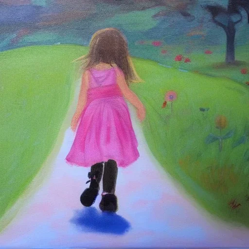 little girl walking towards the house painting