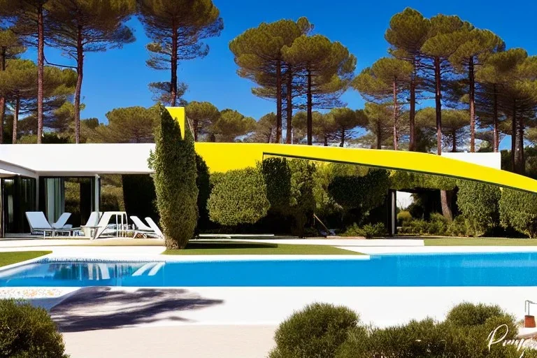 Day in quinta do lago, one straight line building of two floors on a slope of pine trees, with a 250 meters long pool on the rooftop building, modernistic luxury architecture with wood and antracite dark metallic pergolas, sexy loungers by the pool, red Ferrari and yellow lamborghini