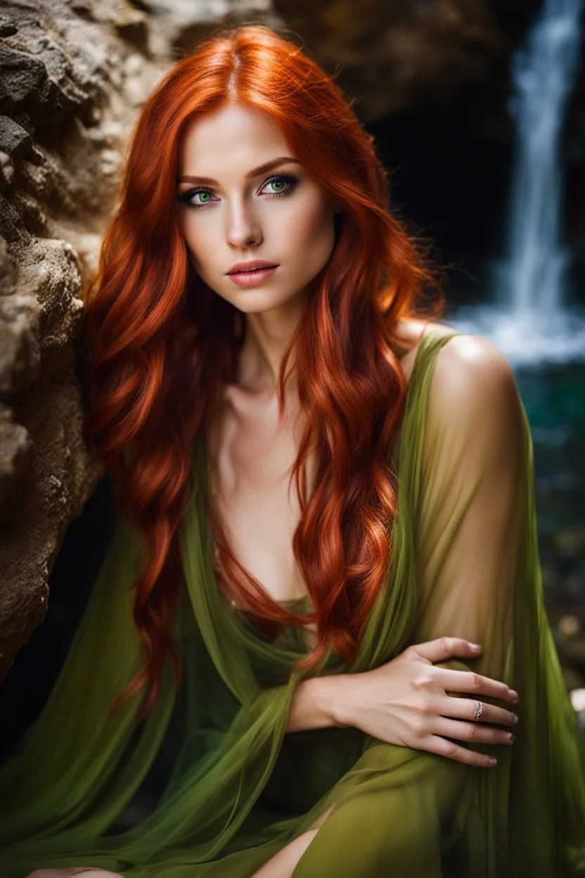 Close UP, delicate, cute, soft, skinny belly red haired Young lady, Green eyes , cave waterfall, medieval