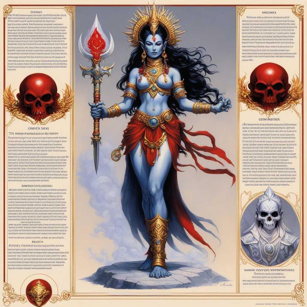 character concept sheet with AD&D statistics and characteristics, [illustration by Jeff Easley] the Vajrayogini playable deity class: a central female meditational deity, transcendence of ego and ignorance. Weapon: the kartika curved knife, artefact: a skull cup filled with blood. powers: cast emotions into awakening, and dissolution of ordinary identity