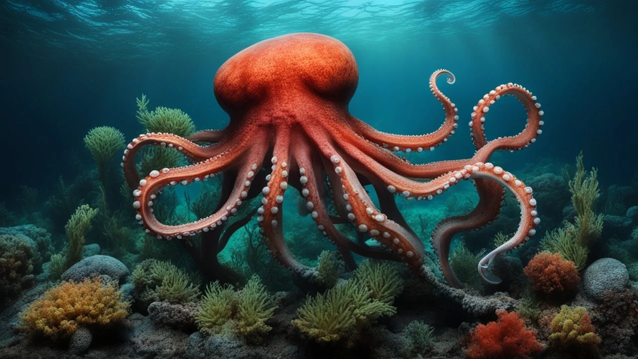 animals creatures, octopus, plants from subanautica from deep sea, leviathan's a lot of sea plants very deep, beautiful, river of magma, green and blue.