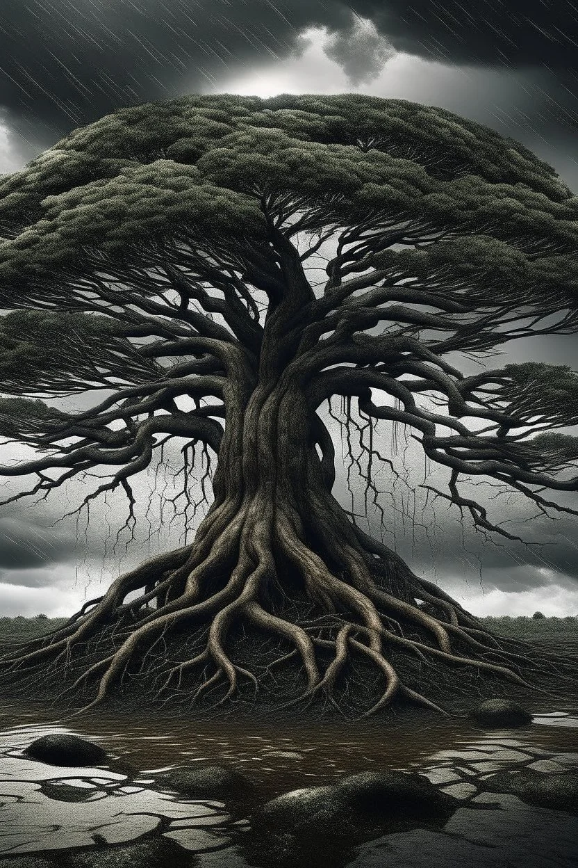 An image of a tree with deep roots, standing tall amidst a storm. this picture depicts resilience as the foundation that helps us weather the storms of fear.