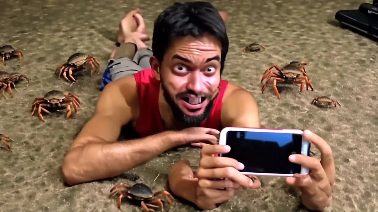 guy with creepy smirk watches censored videos on smartphone surrounded by tiny crabs