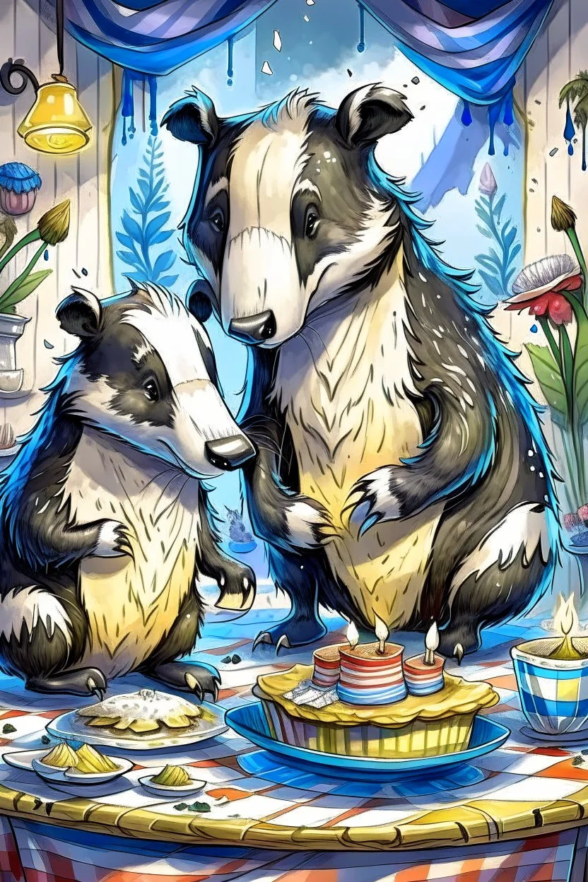 (fairy tale badger adult and little badger junior, animal by Monge)) an insanely beautiful smiling badger, extremely fine detailed fluffy fur, shining smiling eyes very well shabby chick dressed is baking a birthday cake with many light candles together with the smiling little badger, fine detailed fluffy fur, shining eyes shabby chick dressed in his kitchen with many pots: Background kitchen as in a cave, anatomically correct, flawless, full body shot, complete figure, by Monge, by Potter, by D